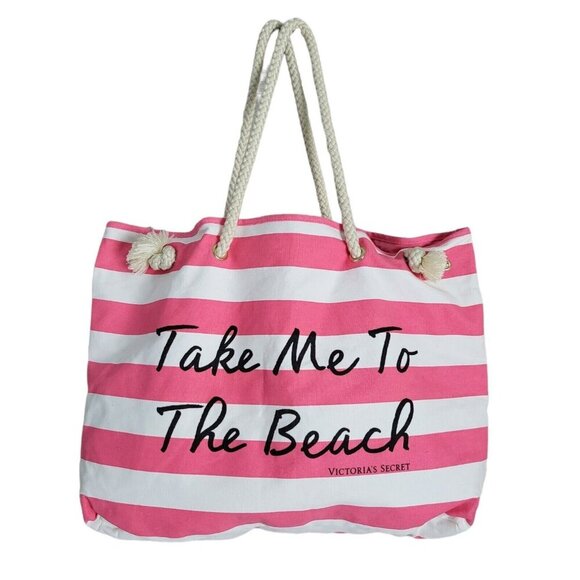 Victorias Secret Pink White Stripe Canvas Take Me To The Beach Tote Rope Handles - Picture 2 of 11